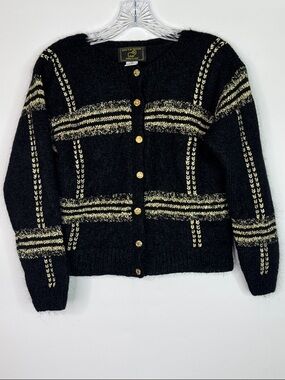 Vintage South Wool Mohair Blend Black Gold Button Sweater Size Small